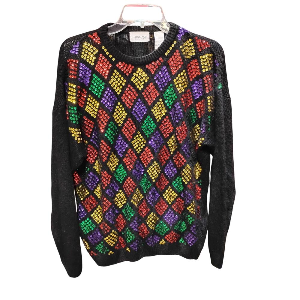 Vintage 90s Carriage Court Medium 10-12 Black Geometric Sequined Sweater Womens